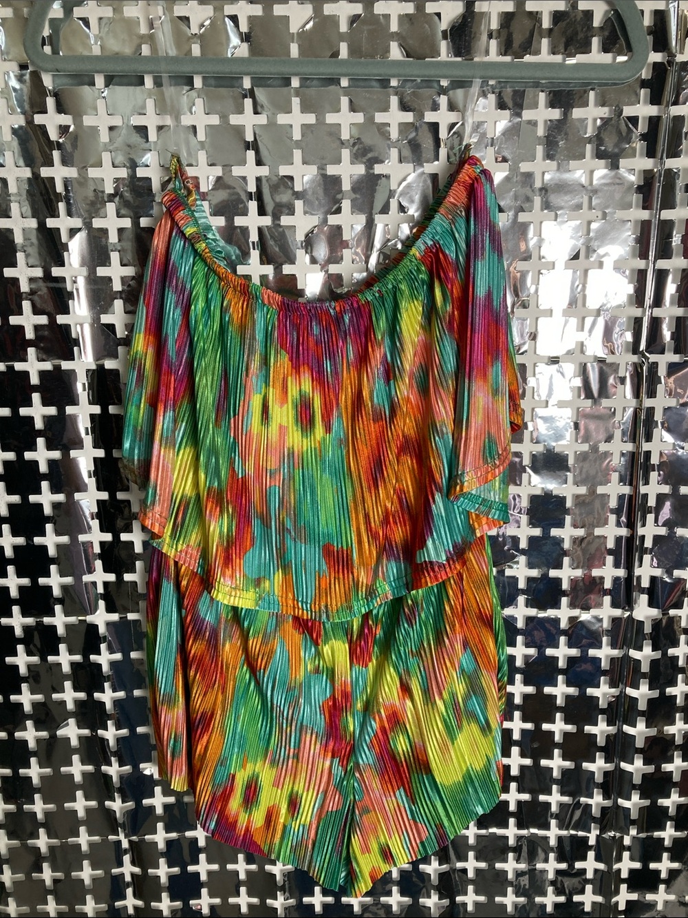 Fashion Nova Multicolor Pleated Off-Shoulder Romper
